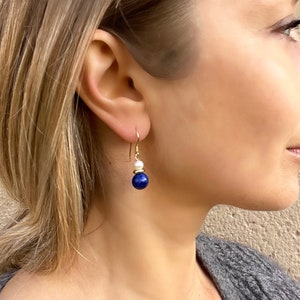 Lapis lazuli and pearl drop earrings, cute gemstone earrings, gift for women