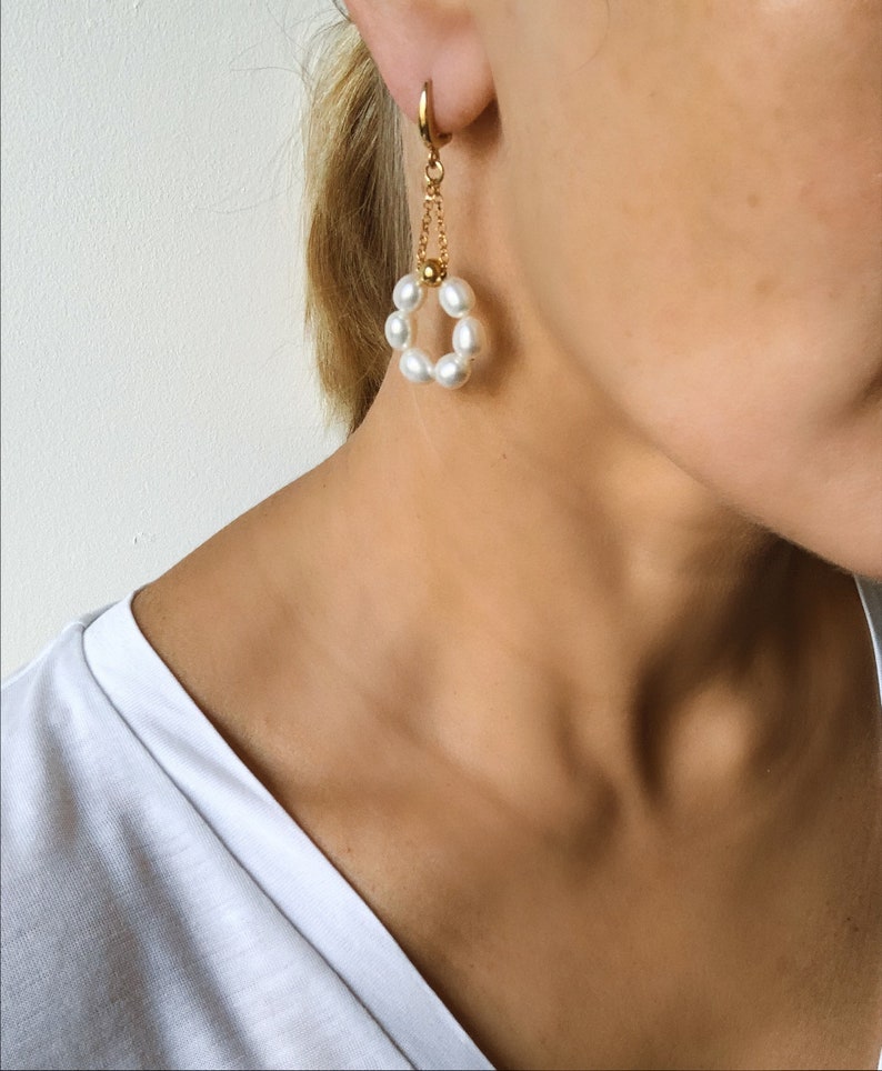 Pearl earrings, Dangle Drop earrings, Freshwater pearls, Pearl hoop earrings, Cute earrings, Bridal Earrings, Handmade jewelry, Gift for her image 3