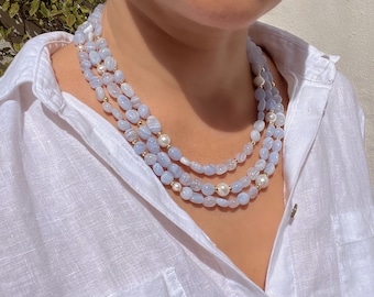 Lace Agate Layered Statement Necklace, Blue chalcedony necklace, Unique necklace, Gift for her, Handmade jewelry