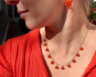 Orange Carnelian Necklace & Earrings Set – Gold Filled Dangle Jewelry, Faceted Gemstone Drops, Elegant Everyday or Gift Set