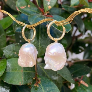 White baroque pearl hoop earrings, flameball pearls earrings, gold plated 925 silver image 2