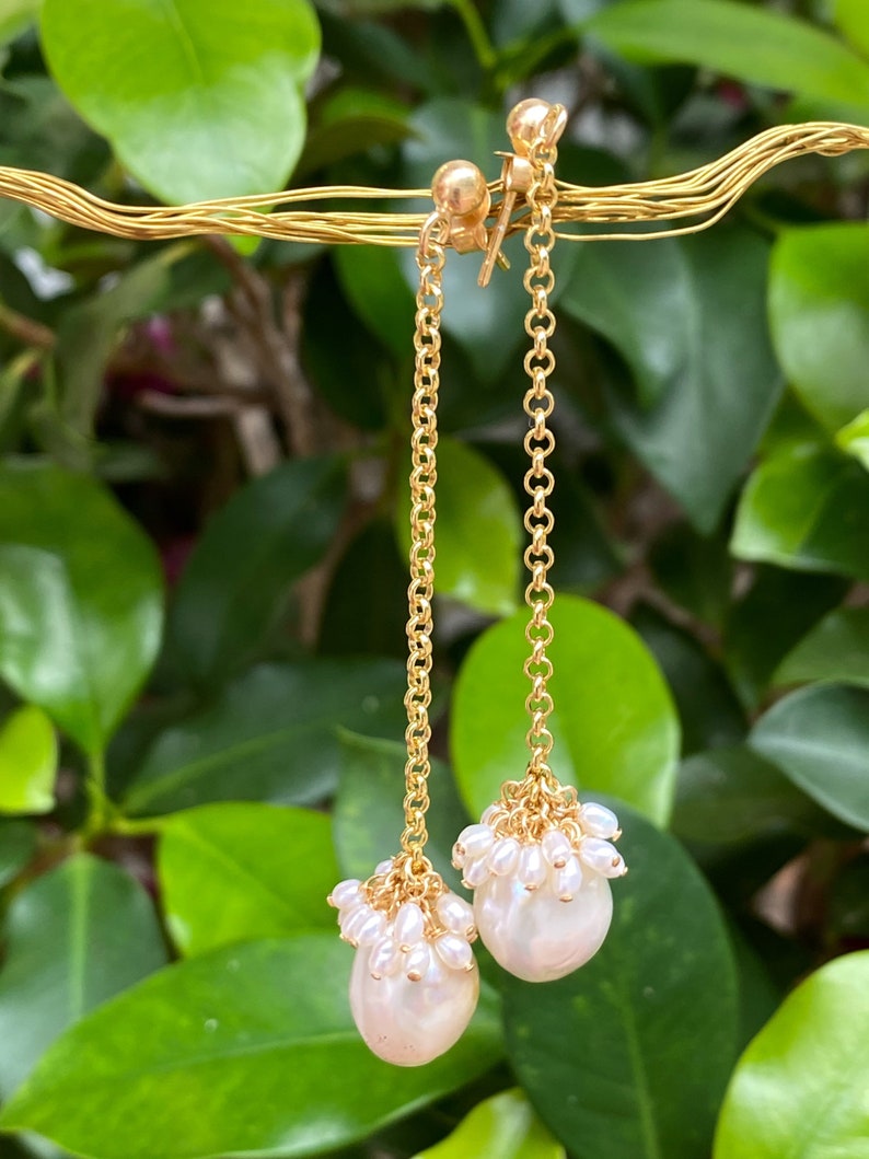 Pearl drop earrings, pearl chain dangle earrings image 5