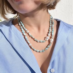 Long Larimar and Baroque Pearl necklace , beaded necklaces for women, gift for mum, gift for her, unique necklace