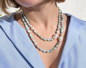 Long Larimar and Baroque Pearl necklace , beaded necklaces for women, gift for mum, gift for her, unique necklace