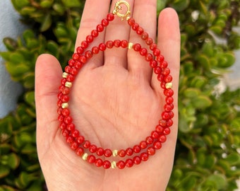 Red Mediterranean Coral Necklace in Solid 18k Gold