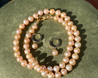 Golden Peach Color Freshwater Pearl Necklace & Earrings Set - 6mm Pearls, 45cm Gold Vermeil
