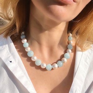 Chunky Aquamarine und Perlen Halskette, Perlen-Halskette, Edelstein-Halskette, Gumball Halskette, Statement-Halskette, Geschenk für sie