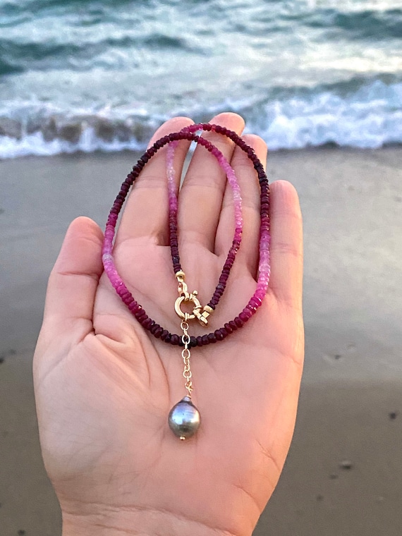 Genuine ruby beaded necklace with Tahitian pearl pendant