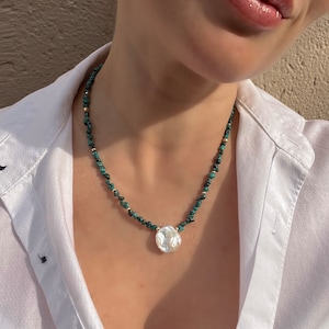 Turquoise necklace with keshi pearl, Turquoise jewelry, Beaded necklace, Baroque turquoise, Handmade necklace, Necklaces for women