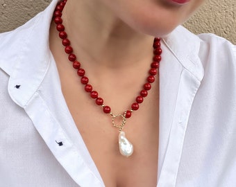 Red coral beaded necklace with baroque pearl pendant