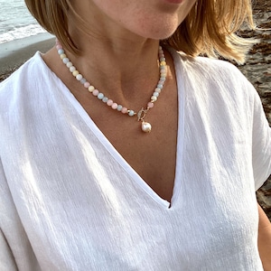Morganite  necklace, Multi beryl necklace, Pastel necklace, Edison pearl pendant, Beaded necklace, Summer jewelry, Gift for her