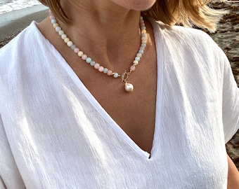 Morganite  necklace, Multi beryl necklace, Pastel necklace, Edison pearl pendant, Beaded necklace, Summer jewelry, Gift for her