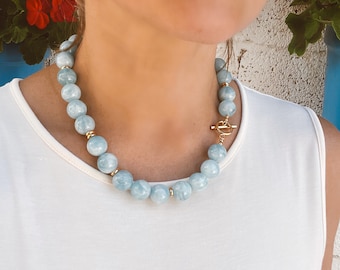 Aquamarine necklace, Chunky necklace, Gumball beaded necklace, Statement necklace, Aquamarine Jewelry, Handmade jewelry