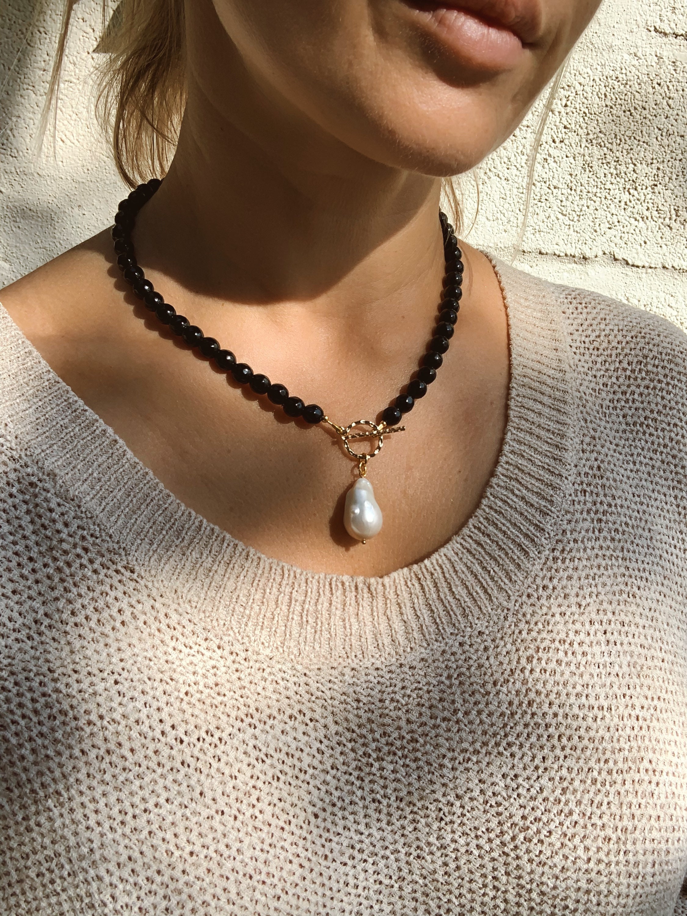 ネックレス・ペンダント EVERYDAY PEARLS WITH BLACK ONYX Vintage 14k Yellow Gold Beaded Black Onyx Pearl Necklace