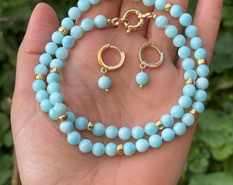 Hemimorphite necklace and earrings set, classic beaded jewelry