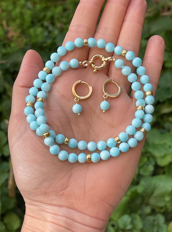 Hemimorphite necklace and earrings set, classic beaded jewelry