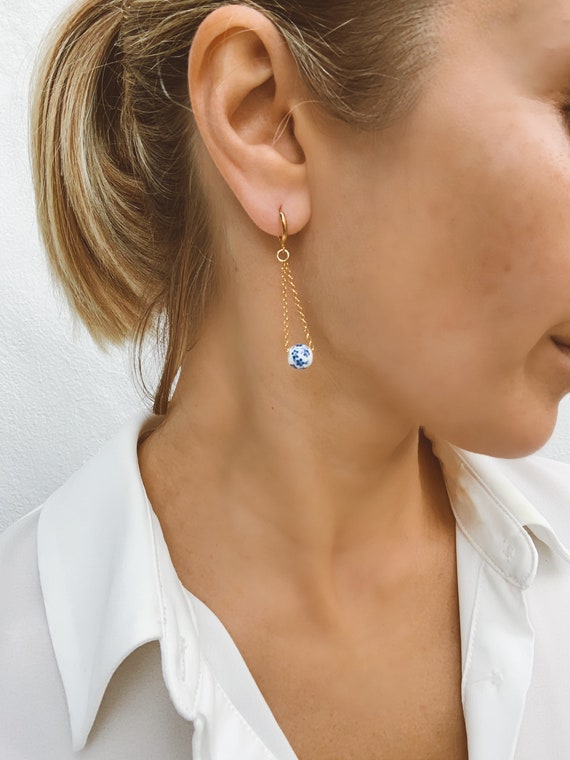 Chinese Porcelain Beads on Chain Drop Earrings Hoop Earrings
