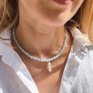 Aquamarine Beaded Choker With Pearl Pendant, Aquamarine necklace, Gift for her, March birthstone jewelry