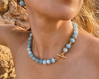 Genuine aquamarine beaded necklace, top quality aquamarine beads, gold vermeil