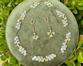 Rose quartz and prehnite necklace and earrings set, gemstone necklaces for women
