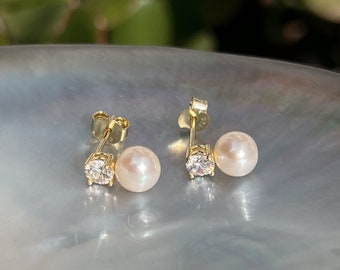 Dainty Pearl Studs With Rhinestones, Christmas gift, Birthday gift, minimalist pearl earrings