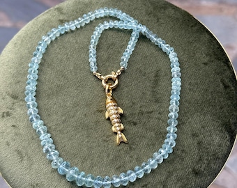 Aquamarine Beaded Necklace | Gold Fish Charm, March Birthstone