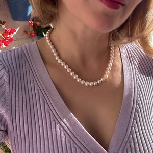 Collar clásico de perlas blancas de 8 mm, Perlas reales de agua dulce, Collares de perlas para mujer, Regalo para ella