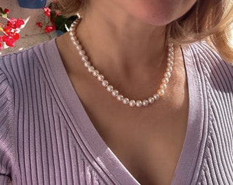 Classic White Pearl Necklace 8 mm, Real freshwater pearls, Pearl necklaces for women, Gift for her