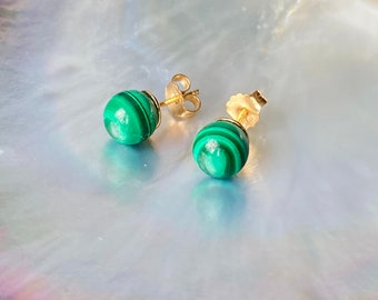 Malachite stud earrings, gold vermeil, 8mm beads
