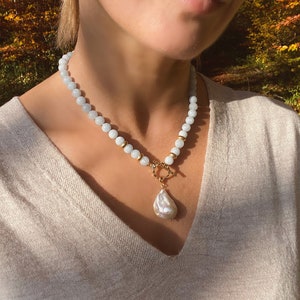 Aquamarine and baroque pearl necklace, Aquamarine necklace, Beaded necklace, Summer jewelry, Boho necklace, Aquamarine jewelry
