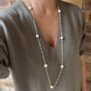 Long 2 layers pearl chain necklace, gold plated silver.