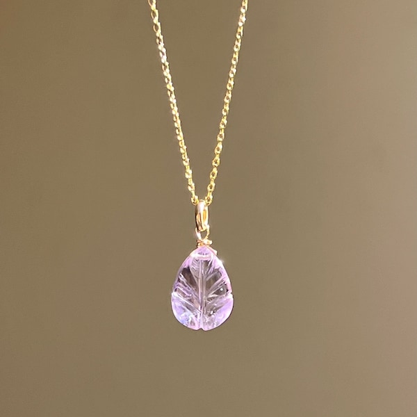 Amethyst Pendant, Carved Amethyst Leaf, Dainty Amethyst necklace, February birthstone, gift for her, gemstone pendant.
