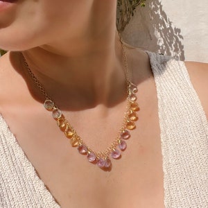 Kette “Lavendelfelder”, Multi Edelsteine Briolette Kette- Amethyst, Prasiolith und Citrin Tropfen an 14k gold filled Kette