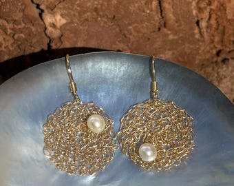 Gold Filled Crochet Earrings with Freshwater Pearls – Handcrafted Wire Jewelry