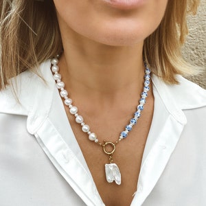Natural pearls and Chinese porcelain beads asymmetric necklace, baroque pearl, gold filled silver