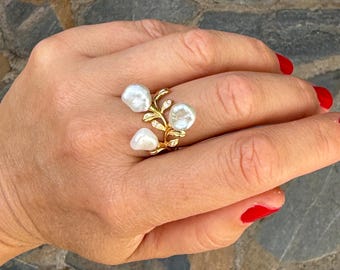 Keshi Pearl Ring | Gold Plated Sterling Silver Leaf Band