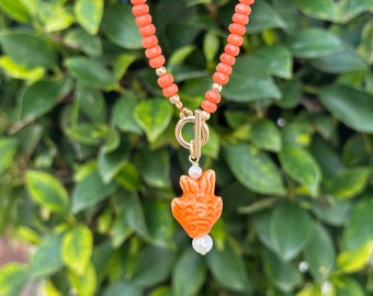 Fish necklace, Beaded necklaces, Summer coral necklace with fish pendant, Gift for her, Cute necklace, Orange necklace