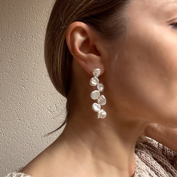 Bridal pearl earrings, long drop wedding earrings, silver or gold stud