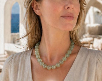 Prehnite Beaded Necklace with Gold Vermeil Accents – Natural Green Gemstone Necklace – Minimalist Elegant Jewelry Gift for Her