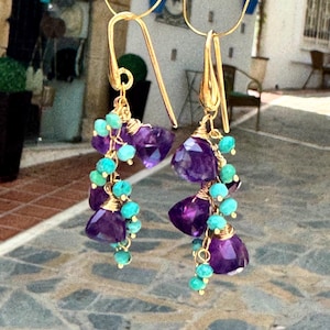 Amethyst and turquoise dangle earrings, gemstone earrings for women