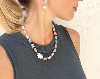 Set di collana e orecchini con acquamarina e morganite: gioielli con perle d'acqua dolce