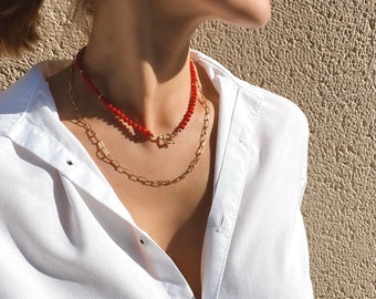 Short red bamboo coral necklace with gold filled silver donut beads and marine lock