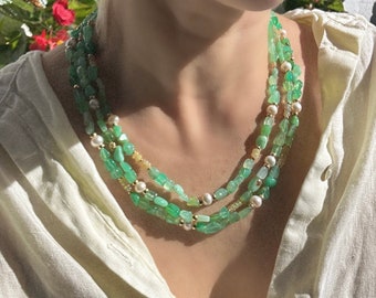 Chrysoprase, Ethiopian opal and Freshwater Pearl Layered Necklace