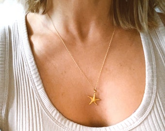 Gold plated 925 silver sea star pendant on a chain, golden starfish necklace.