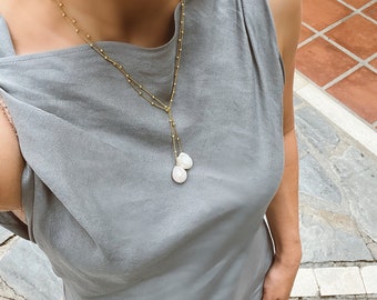 Gold Plated Silver Lariat Necklace with Baroque Pearls