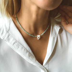 Emerald and single keshi pearl necklace. Gold filled 925 silver, natural gemstones