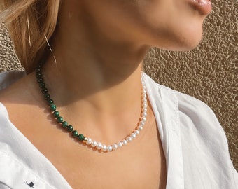 Malachite and pearl beaded necklace, fashion asymmetric necklace