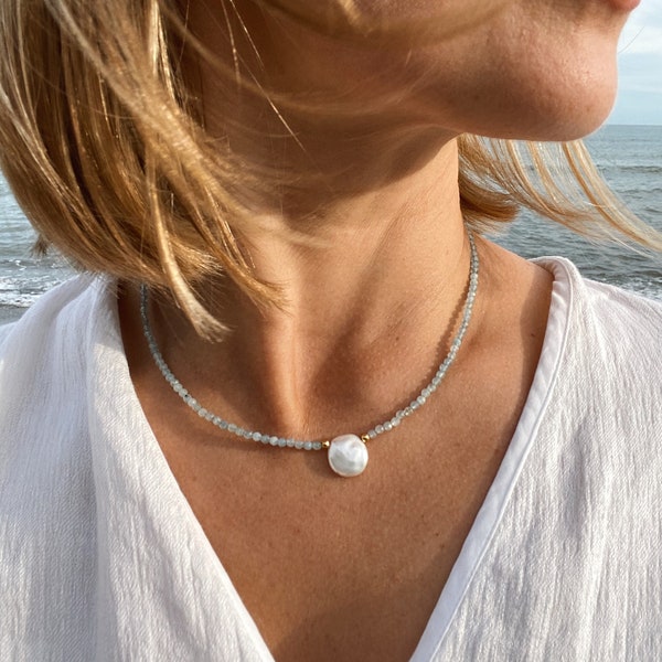 Dainty aquamarine necklace, Aquamarine and keshi pearl necklace, Aquamarine jewelry, Birthstone March, Delicate necklace