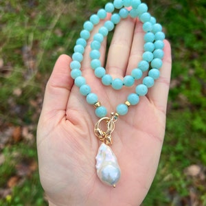 Large Amazonite Beads and White Baroque Pearl Necklace - Etsy