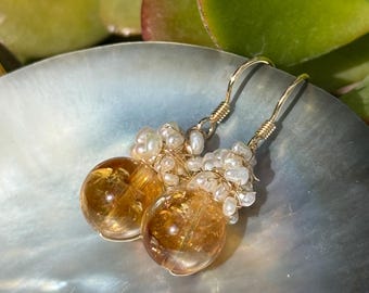 Golden Citrine Drop Earrings with Freshwater Pearl Clusters – Elegant Handmade Gemstone Jewelry